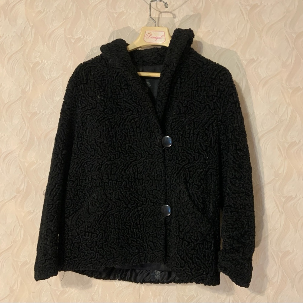 Vintage Faux Curly Black Persian Lamb Women’s Swing Jacket